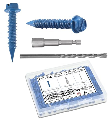 OywhC 50Pcs Masonry Concrete Screws 6.3mm x 32mm with Hexagon Socket Bit & Drill Bit, Special Blue Coating, Hexagon Flange Head, Conical Diamond Tip, High-Low Threads, for Masonry/Concrete/Brick/Block