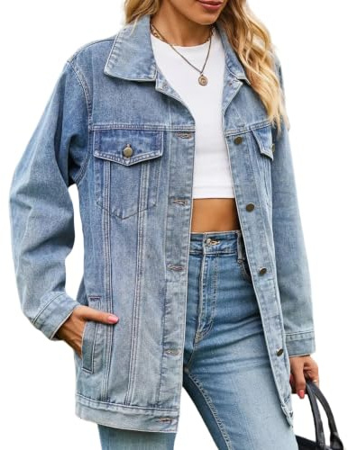 VigelEther Damen Oversized Lange Jeansjacke | Langärmelige Cowboyjacke, Klassisch Vintage, Oversize Denim Jacken