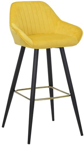 Lamboro Velluto Velvet Kitchen Bar Stool with Gold Footrest, Powder-Coated Black Fixed Legs, Padded Seat, Backrest & Armrest, Mustard