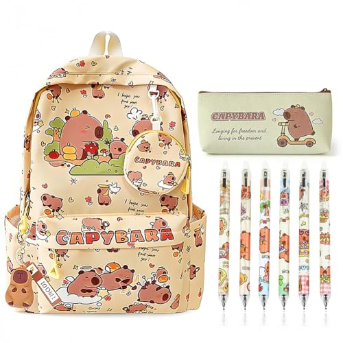 OPVXZAD Capybara Rucksack Set, Schulrucksack Große Kapazität mit Capybara Federmäppchen, Stiften & Schlüsselanhänger - Süßes Tier Design - Großes Fassungsvermögen - Geschenk