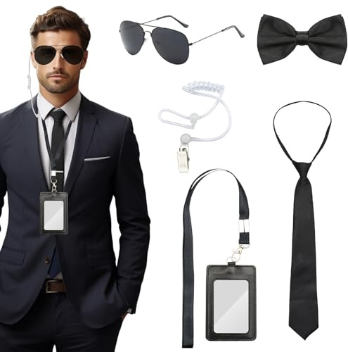 Scettar 5 Stück Agenten Zubehör Set Agentenkostüm mit Agentenbrille, Spion Ohrhörer Reißverschluss Krawatte Fliege Ausweishalter Perfekt für Agentenkostüm men in black Kostüm, fbi Kostüm Cosplay