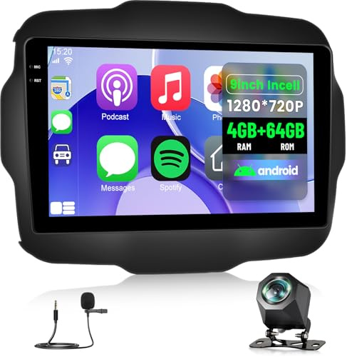 NHOPEEW 4+64G Android Autoradio für Jeep Renegade 2016-2020 mit Wireless Carplay & Android Auto – 9-Zoll-Incell-Bildschirm, unterstützt WiFi, GPS, Lenkradsteuerung + Rückfahrkamera, Canbus