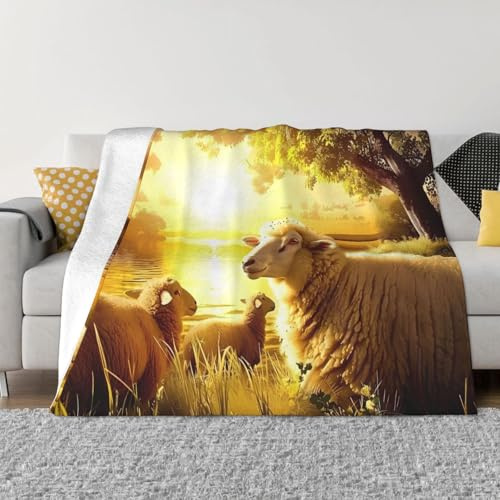 POEZJZW Flanelldecke mit Schaf-Motiv am See, 127 x 101 cm, Decke für superweiches Plüsch, für Sofa, Bett, Couch, Camping und Reisen