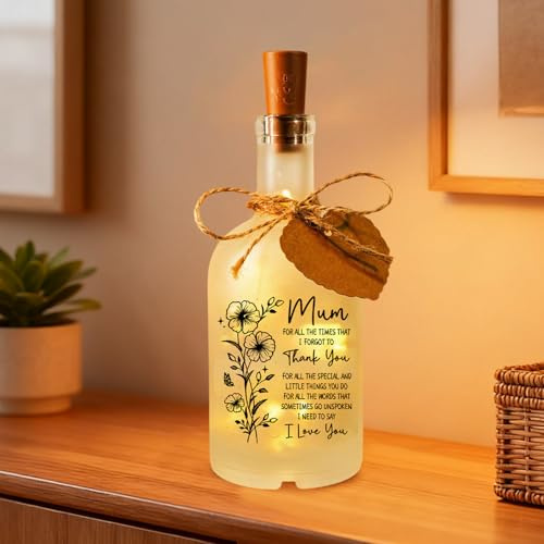 Gifts for Mum, LED Frosted Glass Bottle Light, Birthday Gifts for mum, Warm Glow Home Decor Light with Heart Tag, Gift for Mums Birthday Christmas, Ideal Decor for Bedroom, Living Room, Study & Office