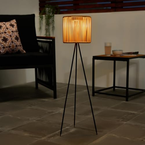 OHS Solar Floor Lamp Outdoor Garden, Natural String Frame Weather-Resistant Solar Rechargeable Cordless Floor Lamp with Automatic Dusk Sensor Tall Outdoor Freestanding Lamps for Patio Lawn