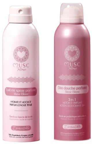 MUSC INTIME La Marque Officielle - Lait en spray parfumé + Déodorant douche parfumé - Le Rituel Douceur - Musc Blanc - L'Irrésistible - Hydrate, Parfume et Nettoie - 2x 200ml