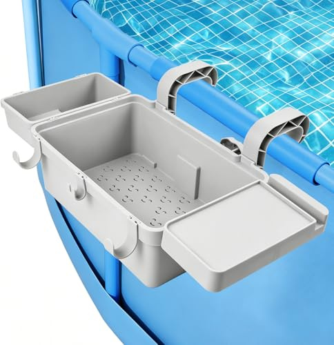 RDTOK Cesta Almacenamiento Piscina, Cesta Piscina Colgante con Portavasos y Bandeja, Robusto, Plástico Reciclado, Gris