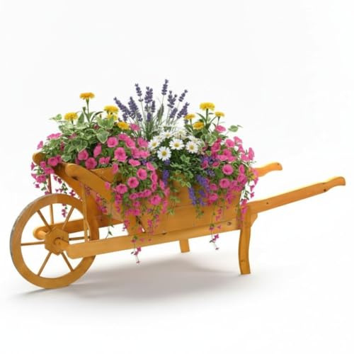 Mucola Pflanzschubkarre Blumenkasten Holz mit Rad 129x45x43 cm Gelbbraun | Massives Fichtenholz mit natürlicher Maserung, großes Pflanzvolumen für Blumen und Kräuter, für Garten und Terrasse