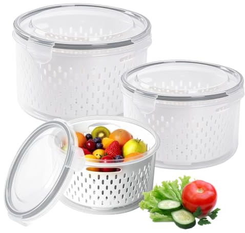 dogmoon Fridge Fruit Storage Containers with Removable Colander, 3 Set Fresh Food Storage Containers with Lids Airtight, Stackable Leak Proof Fridge Containers for Kitchen Meat Fruit Vegetables(Grey)