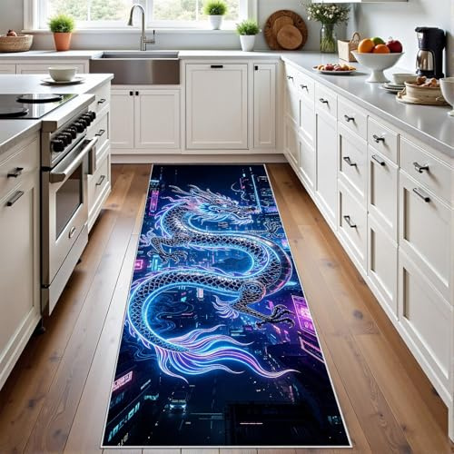 Meugesoi Neon Drache Teppich Läufer 60x120 cm, Stadt Nachtsicht rutschfest Teppichläufer, Futuristisch Kurzflor Küchenläufer, Waschbar, Faltbar, Carpet für Eingang, Küche, Wohnzimmer
