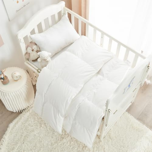 ROSE FEATHER Toddler/Travel/Crib Goose Down Comforter Duvet/Blanket Multifunctional,100% Organic Cotton & Washable Unisex Kids,All Season,White 47x60