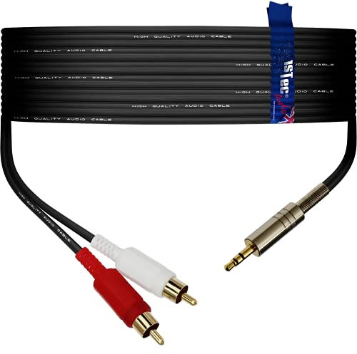 1STec 40m Long 3.5mm Mini Jack to 2 Male Red + White RCA Connectors Connects the Headphone Output on Portable Audio Devices to a HiFi Auxiliary or Similar AUX Input on an Amp (40 Metre 1/8 Jack)