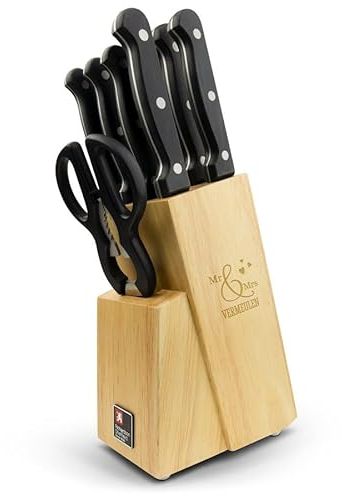 Portacoltelli in Legno Personalizzato - Portacoltelli in legno di faggio massiccio personalizzato, inciso con un nome a scelta e comprensivo di un set di coltelli di alta qualità