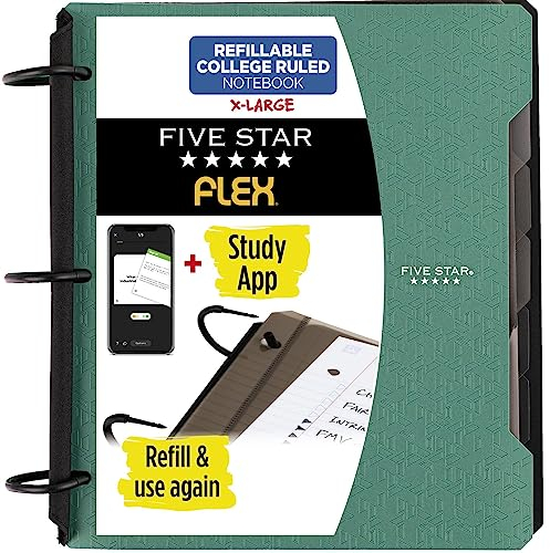 Five Star Flex 29324AQ8 Nachfüllbares Notizbuch + Lern-App, College-Papier und 3,8 cm TechLock-Ringbuch mit Taschen, Registern und Trennblättern, Kapazität 300 Blatt, Seeglasgrün