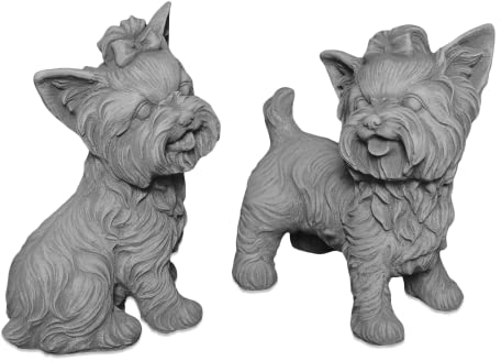 gartendekoparadies.de Set 2 Yorkshire Terrier Hunde, Steinfigur, H. 26/24 cm, 9 kg, Grau, frostsicher aus Steinguss für Außenbereich