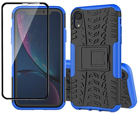 Yiakeng for iPhone XR Phone Case with Screen Protector, Shockproof Silicone Protective with Kickstand for iPhone XR (Blue)