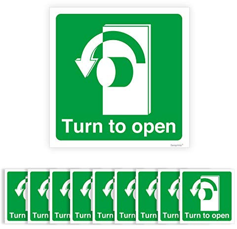 Pack of 10 Turn to Open Fire Door Sign Self Adhesive Waterproof Vinyl Stickers 100mm x 100mm V1244