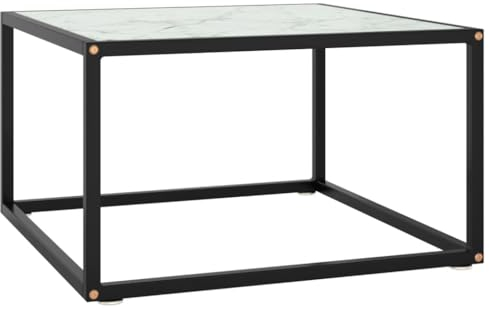 vidaXL Beistelltisch Couchtisch Kaffeetisch Wohnzimmertisch Sofatisch Teetisch Glastisch Tisch Schwarz mit Weißer Marmor-Optik Glas 60x60x35cm