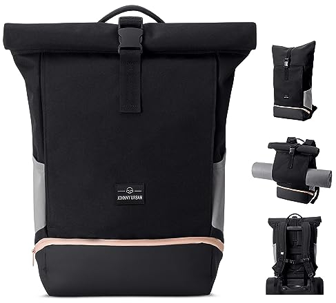 Johnny Urban Rucksack Damen Schwarz Rosa - Allen Medium - Rolltop Mit Laptopfach für Uni Fahrrad Business - 15L - Nachhaltig - Wasserabweisend