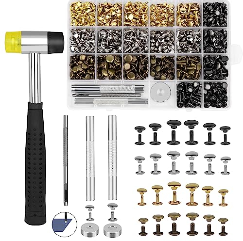 360 Pieces Leather Rivets 4 Colors Double Cap Rivets Tubular 3 Sizes with Nylon Hammer Fixing Tool Kit 4 Piece for DIY Leather Craft Clothes Shoes Decoration and Repair