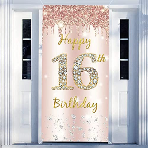 16th Birthday Decoration for Girls, Happy 16th Birthday Backdrop Banner Rosegold Fabric Sign Poster, 16 Years Old Party Supplies Door Banner Photo Background Welcome Sign