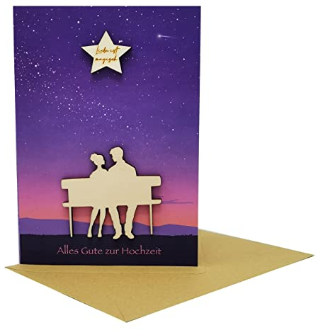 Woodland Mail Liebe ist magisch - Hochzeitskarte mit Holzstern und Holzpaar auf einer Bank