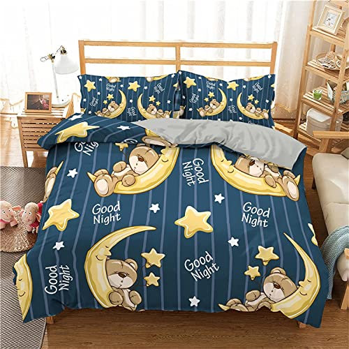 Kinder Bettwäsche Set Blauer MondbäR Bettwäsche 135x200 cm Jungen Bettbezug für Mädchen Kids Microfaser Himmlische Qualität Betten Set mit 1 Kissenbezug 80x80cm Einzelbett 2