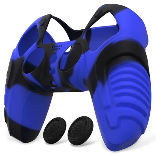 PlayVital Funda de Silicona para ps5 Mando - Carcasa Antideslizante Ergonómica con 2 Tapas para Joysticks, Protector Suave y Resistente - Edición Guerrero Raging (Azul Negro)