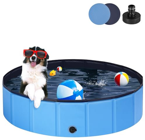 Ezilif Dog Paddling Pool, 160cm Durable PVC Dog Pool with Hard Sides, Sturdy Foldable Large Paddling Pool for Dogs with Hose Connector, Non-slip Dog Swimming Pool for Doggy/Puppy/Pet Bath Tub