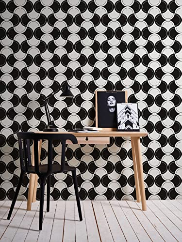 New Walls Papier Peint Rétro Style 70s Papier Peint Non Tissé Noir Blanc Motif Cercle Géométrique | 10.05x0.53m