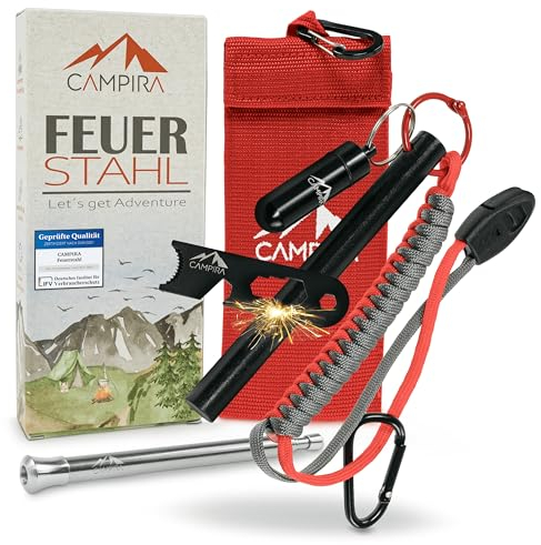 Campira® Feuerstahl XXL-Großer Feuerstein mit Magnesium für starken Funkenflug-Paracord Set-Blasrohr-Erst Ausrüstung als Survival Kit ideal für Camping, Outdoor, Bushcraft und Bundeswehr Ausrüstung