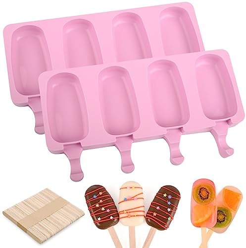 WMKGG Popsicle Silikonformen Set, 2 Stück Eisformen mit 50 Holzstäbchen für Kuchenpupp, Eispupp, Kakesischen (Standardgröße/Pink)