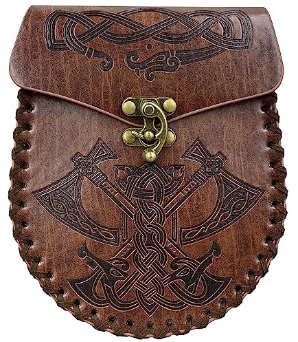 Medieval Belt Pouch, Brown Nordic Embossed Belt Bag Dragon Fenrir Wolf Leather Waist Bag Vintage Belt Pouch Viking Renaissance Fanny Pack Cosplay Costume Accessories for Men Women