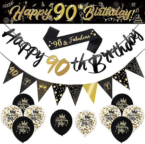 14 Pieces 90th Happy Birthday Decorations Kit, Birthday Party Decoration Including Party Supplies Birthday Straps 9ft Banner Triangle Flags Confetti Latex Balloons