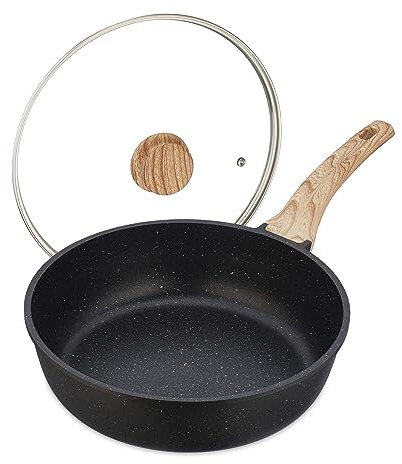 Relaxdays Sartén Antiadherente con Tapa de Vidrio, Ø 28 cm, Aluminio, Inducción, Mango Suave al Tacto, Negro y Natural, Polirresina