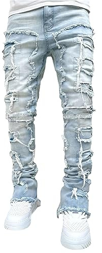 Stacked Jeans Men Skinny Ripped Jeans Slim Fit Denim Pants Y2K Goth Harajuku Emo Jeans Trouser (US, Alpha, Large, Regular, Regular, B01-01)