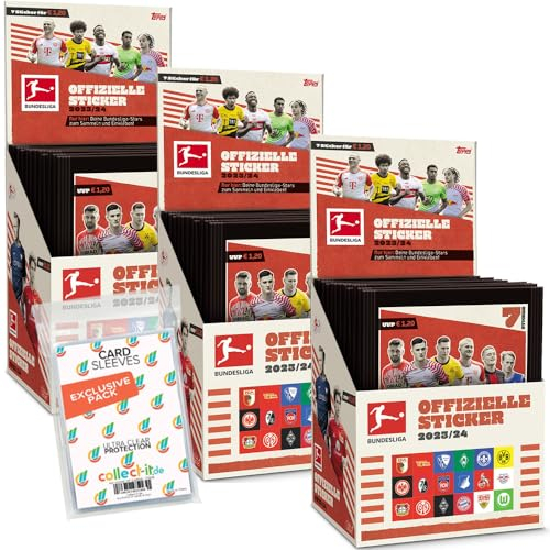 Bundle mit Topps Bundesliga Sammelsticker 2023/24-1 Display (50 Tüten) + Sticker-Starter(Album inkl. 20 Sticker)+ exklusive collect-it Hüllen