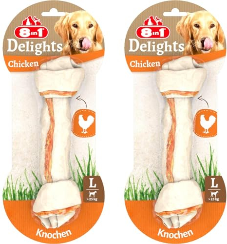 8in1 Delights Chicken Knochen L - gesunder Kauknochen für große Hunde, hochwertiges Hähnchenfleisch eingewickelt in Rinderhaut, 1 Stück (Packung mit 2)