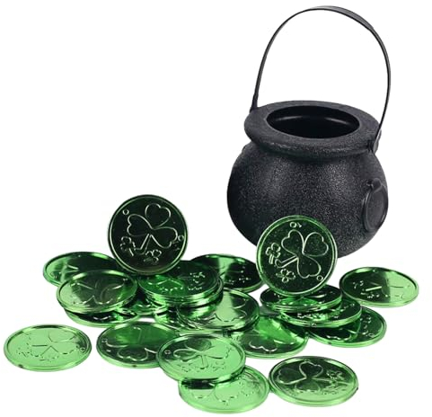 Calderone Nero per Caramelle, Decorativo per il Giorno di San Patrizio, Ornamento per Barattolo con 50 Monete di Trifoglio Portafortuna, Manico per Calderone, Pentola per Calderone, Pentola per Leprec