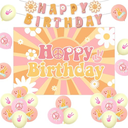 Jollyboom Groovy Hippy Boho Happy Birthday Hintergrund Banner Gänseblümchen Girlande Blume Power Ballons für Retro Hippie 1960er 70er Jahre Party Supplies