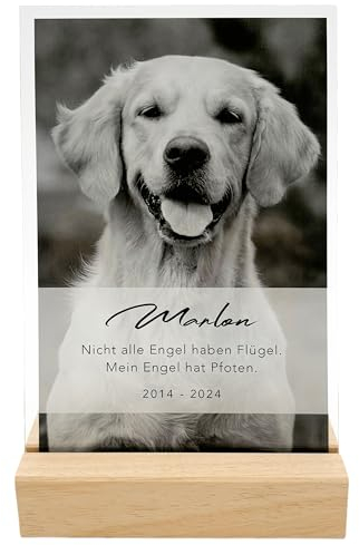 DEL MÀ Unique & Personal Andenken an verstorbenen Hund Bild Gedenktafel aus Acryl zur Erinnerung & Trauer personalisiert mit Foto Geschenk für Hundebesitzer inkl. Holzfuß 13x20 cm (Hochformat)