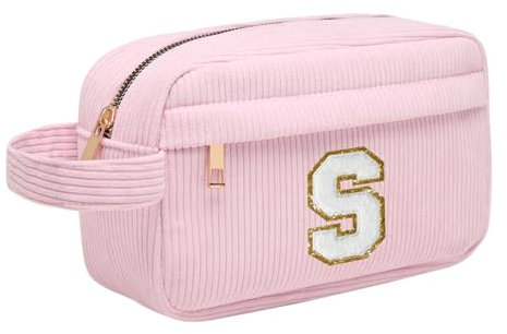 Trousse Maquillage Femme, Pochette Maquillage avec Initiale, Sac de Maquillage de Voyage Velours Côtelé Trousse de Toilette Cosmétique Cadeau d'anniversaire Noël Idéal pour Maman Fille Amie Epouse S