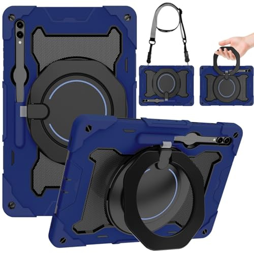 for Samsung Galaxy Tab S10 Ultra / S9 Ultra/Tab S8 Ultra (14.6”) Shockproof Tablet Case, 360 Rotation [Kickstand/Handle] Case with [Shoulder Strap] and [S Pen Holder] + Screen Protector - Blue