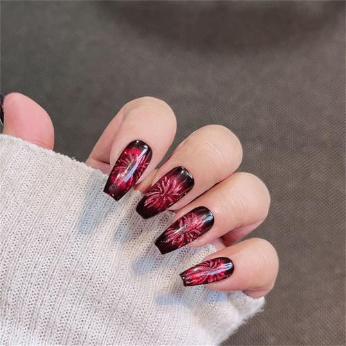Coffin Long Handmade Press on Nails Blush Red Fireworks Nail Art Decoration Glossy Black Manicure for Women and Girls 10PCS (G2-XS)