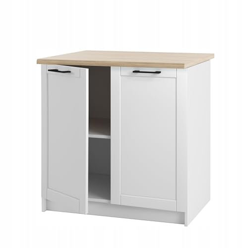 Laclar Unterschrank mit Arbeitsplatte 80 cm - stehender Schrank mit Rahmenfronten - Mattschwarz - mit Arbeitsplatte in Eichenholzoptik - zum Selbstaufbau - ideal für die Küche - inklusive Montageset.