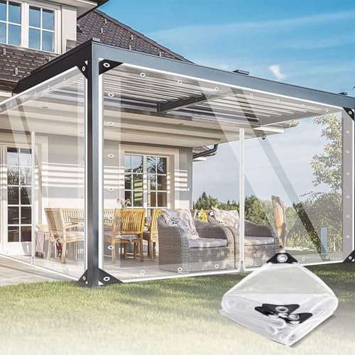 Heavy Duty Waterproof PVC Transparent Tarpaulin with Double Zip - 420 g/m² Tear-Resistant, Windproof, UV-Resistant Clear Tarp with Eyelets & Double Zipper for Outdoor Patio, Porch, Garden, Gazebo