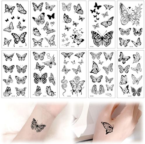 10 Blätter Temporäre Tattoos,Klebetattoos Erwachsene Schwarz Schmetterling,Temporary Tattoo Aufkleber Haut,Wasserfeste Fake Tattoos Selbstklebend,Schmetterling Tattoo Sticker für Damen Männer
