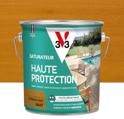 V33 Saturateur bois extérieur Chêne clair mat - Pour terrasses et mobilier de jardin - Haute résistance eau chlorée, UV et graisse - Sans essuyage et non glissant - Résine d'origine végétale - 2,5L