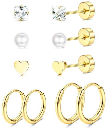 JeweBella 5 Paar G23 Titan Ohrringe Damen Herren Kinder Medizinische Ohrstecker Hypoallergen Titan Ohrstecker Set Titan Creolen Gesundheitsstecker Ohrringe Set Knorpel Piercing Ohr Silber/Gold