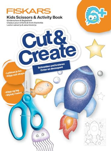 Fiskars Kinderschere und Bastelbuch mit Tipps & Tricks, Ab 6 Jahren, Für rechtshändigen Gebrauch, Rostfreier Stahl/Kunststoff, Blau, 1077664